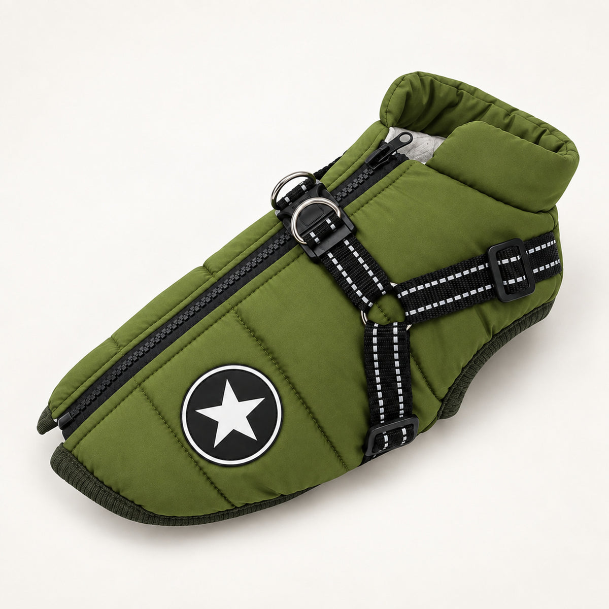 Winter Dog Coat with Harness – Waterproof Windproof, Sizes S-4XL - Olive green