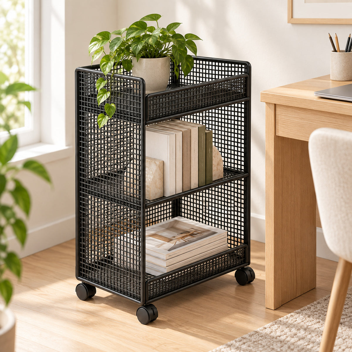 Wire Mesh Bookshelf Organizer, Two-Tier Design, Small Space Storage - in room