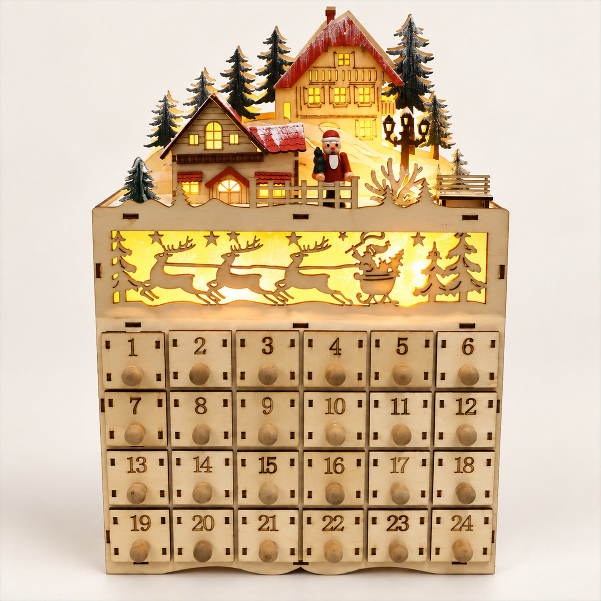 Wooden LED Advent Calendar – 10-Inch Village House, Holiday Countdown