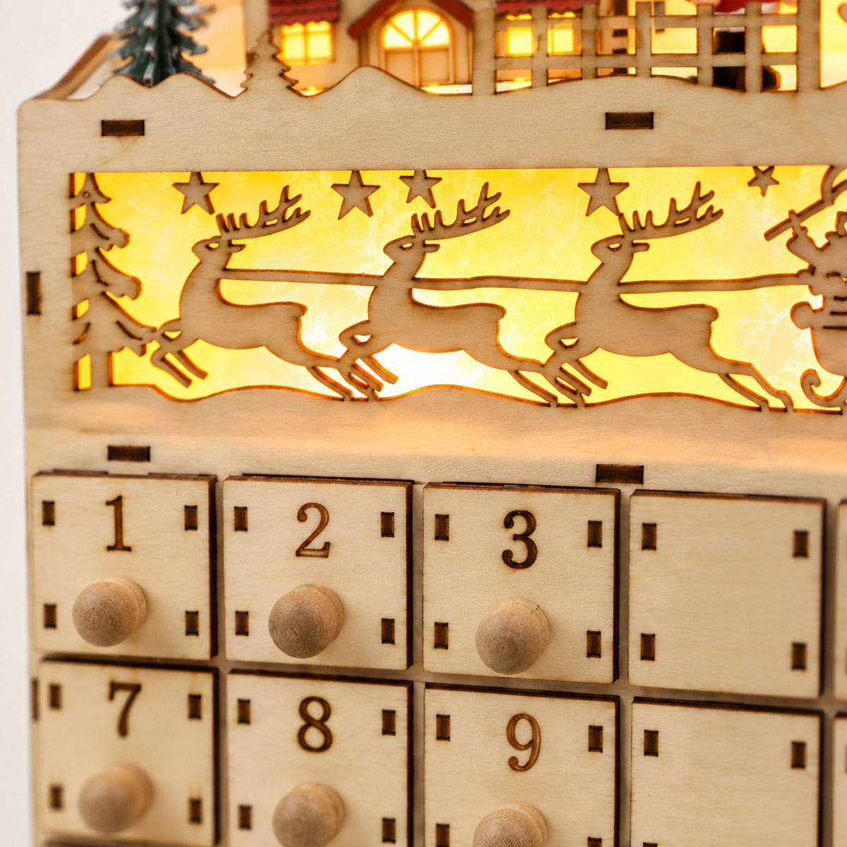 Wooden LED Advent Calendar – 10-Inch Village House, Holiday Countdown - detail