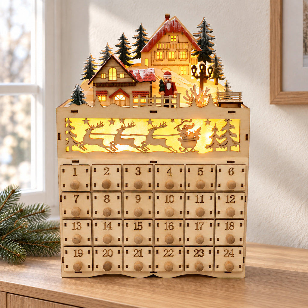 Wooden LED Advent Calendar – 10-Inch Village House, Holiday Countdown - in room