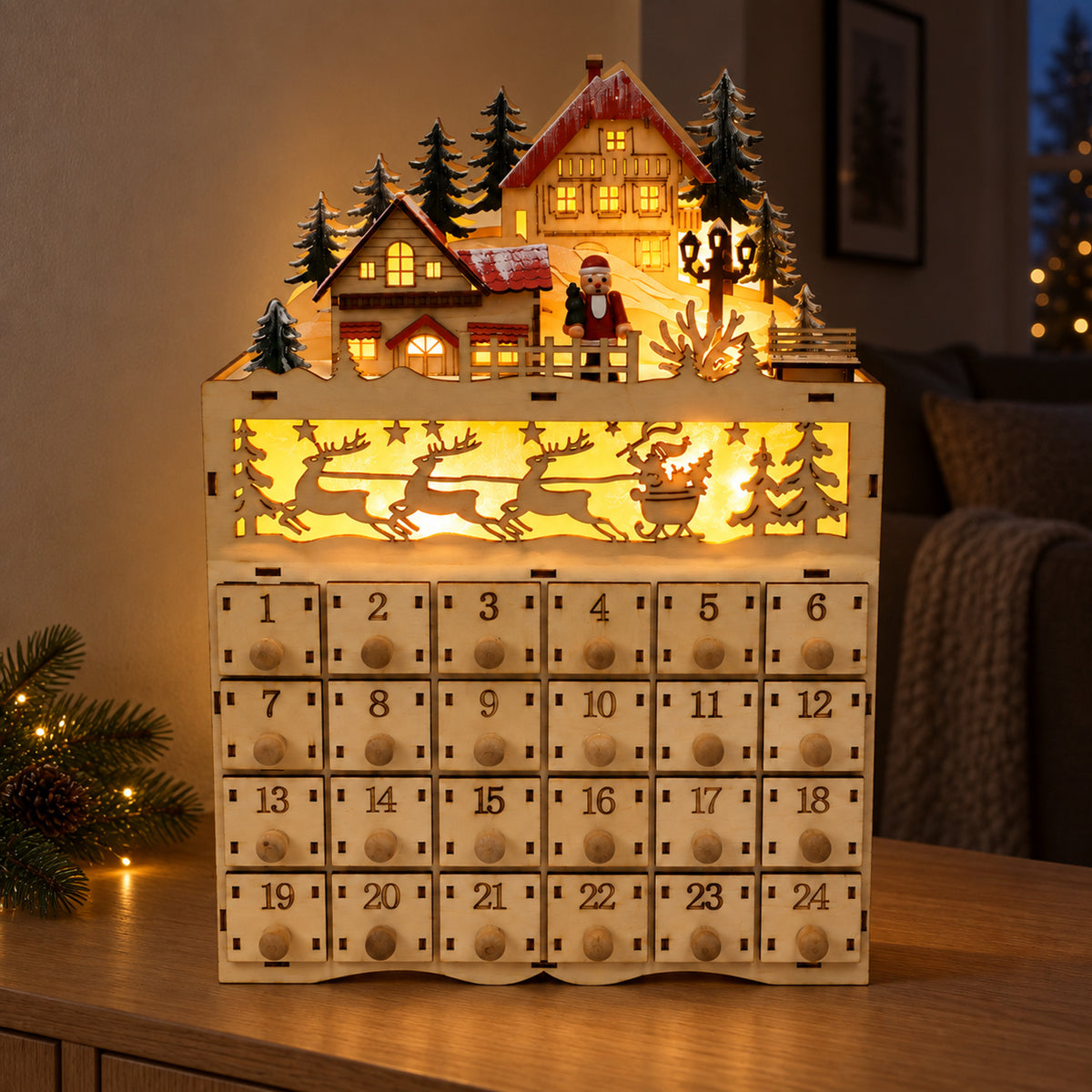 Wooden LED Advent Calendar – 10-Inch Village House, Holiday Countdown - in use